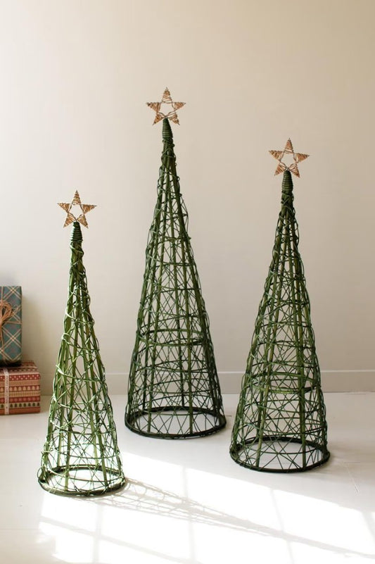 Set of 3 Green Willow Christmas Topiaries with Natural Star by Kalalou