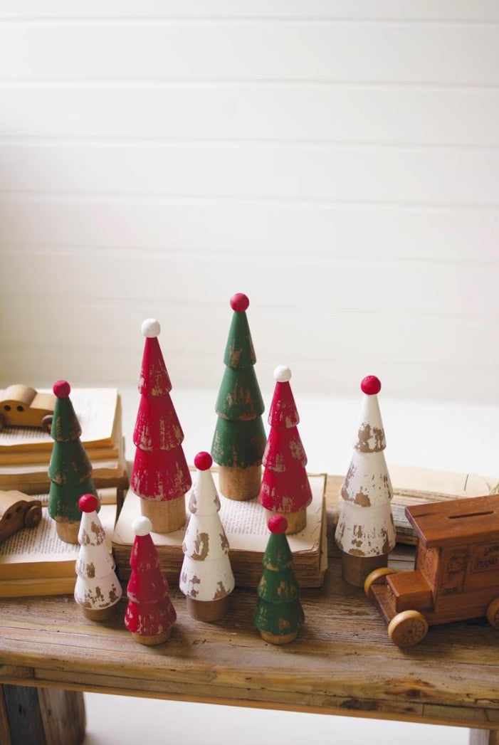 Set of 9 Turned Wood Painted Christmas Trees by Kalalou