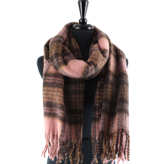 Wide Fuzzy Plaid Scarf by Pretty Persuasions in Rose