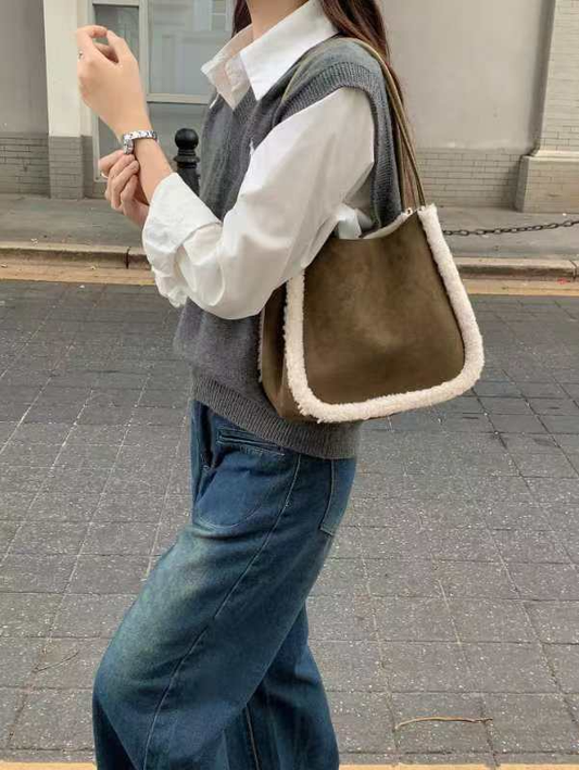 Suede-Like Microfiber Leather Sherpa Edge Bag by Pretty Persuasions in Olive