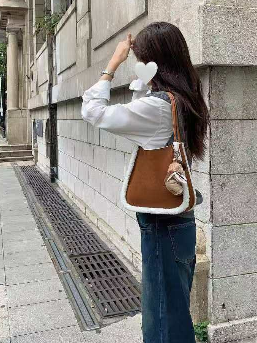 Suede-Like Microfiber Leather Sherpa Edge Bag by Pretty Persuasions in Brown