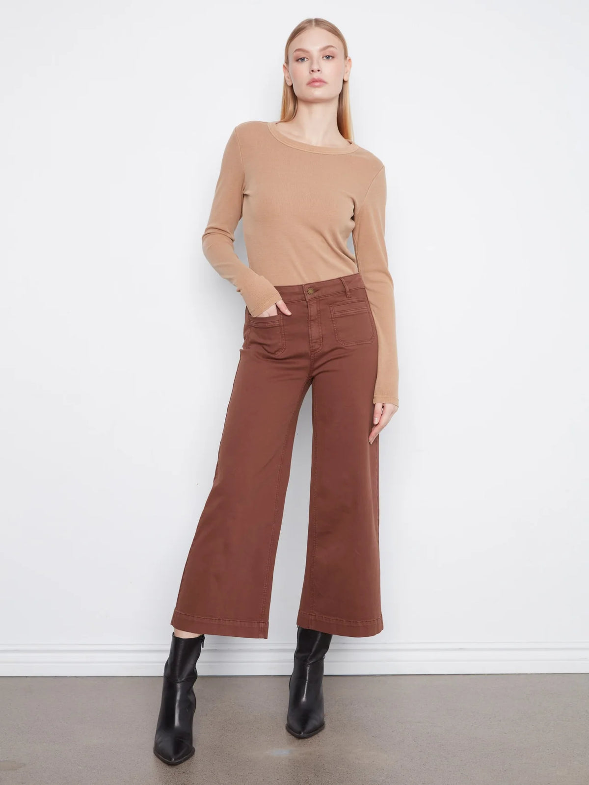 Cropped Patch Pocket Wide Leg Twill Pants by Charlie B in Chocolate
