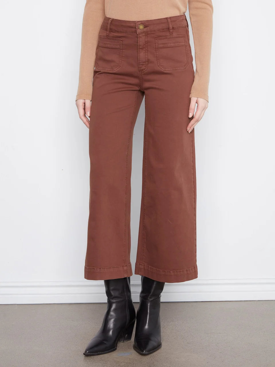 Cropped Patch Pocket Wide Leg Twill Pants by Charlie B in Chocolate
