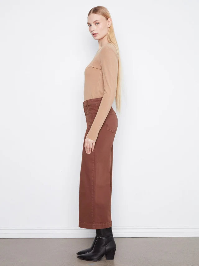 Cropped Patch Pocket Wide Leg Twill Pants by Charlie B in Chocolate