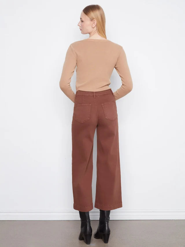 Cropped Patch Pocket Wide Leg Twill Pants by Charlie B in Chocolate