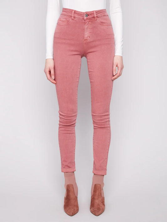 Cuffed Hem Slim 5 Pocket Colored Twill Pants by Charlie B in Primrose