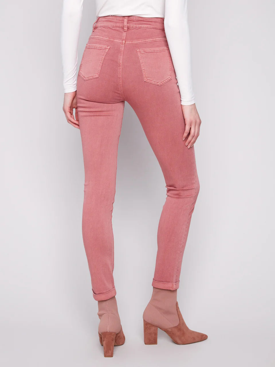 Cuffed Hem Slim 5 Pocket Colored Twill Pants by Charlie B in Primrose