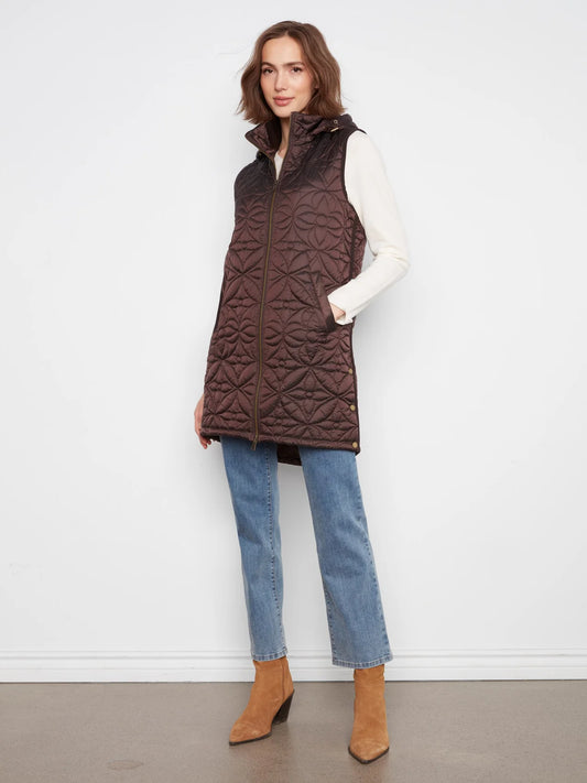 Long Hooded Puffer Vest by Charlie B in Mocha
