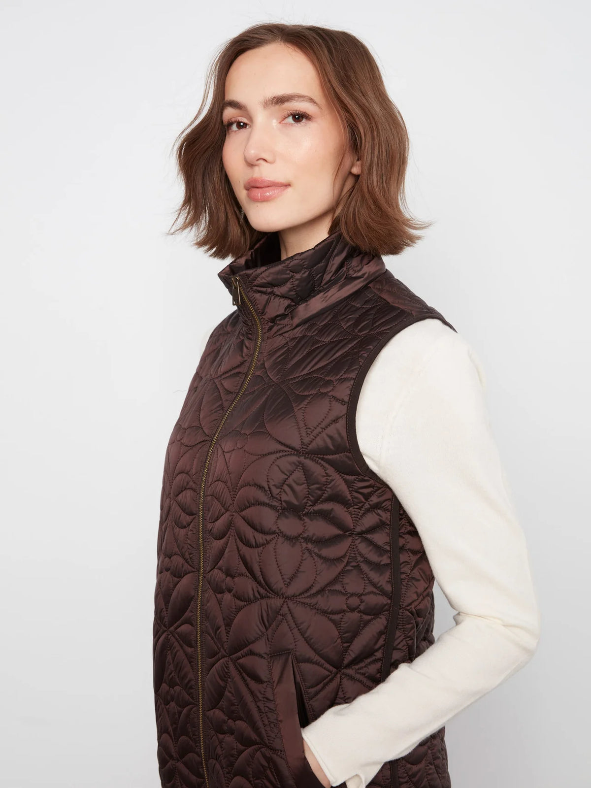 Long Hooded Puffer Vest by Charlie B in Mocha