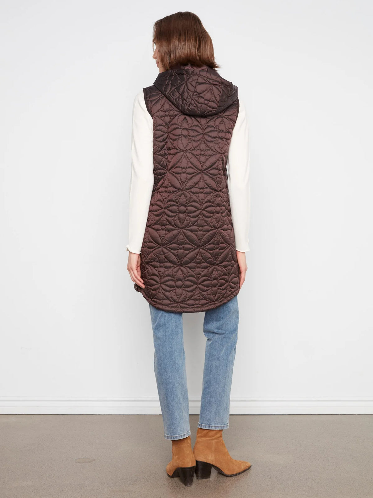 Long Hooded Puffer Vest by Charlie B in Mocha