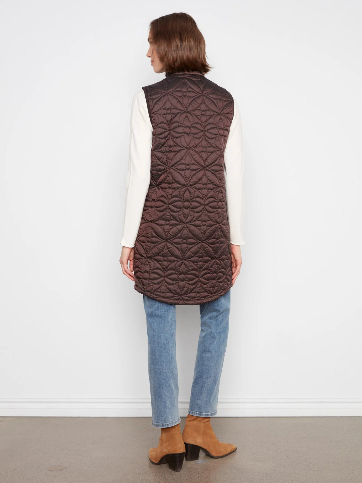 Long Hooded Puffer Vest by Charlie B in Mocha