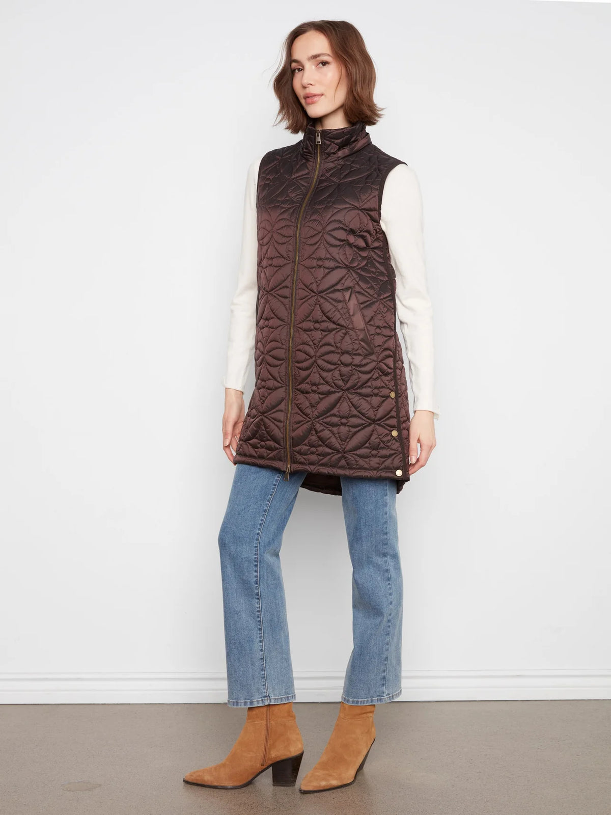 Long Hooded Puffer Vest by Charlie B in Mocha