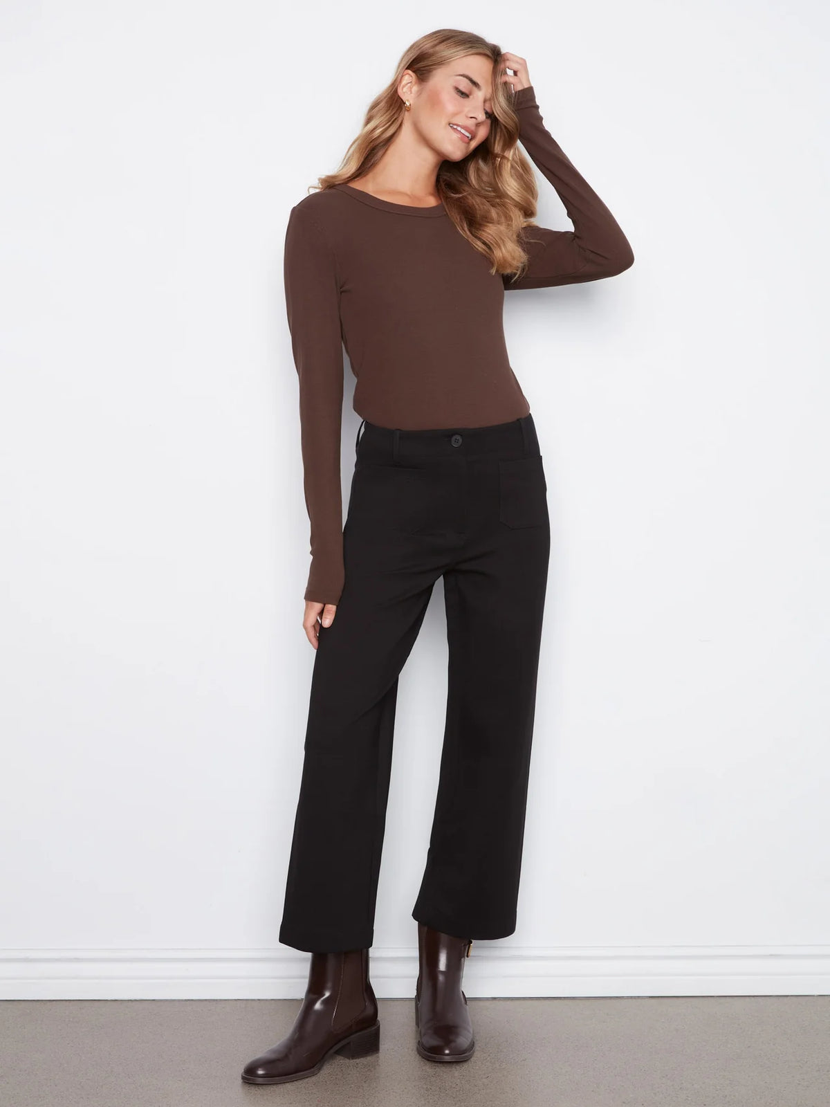 Patch Pocket Wide Leg Ponte Pants by Charlie B in Black