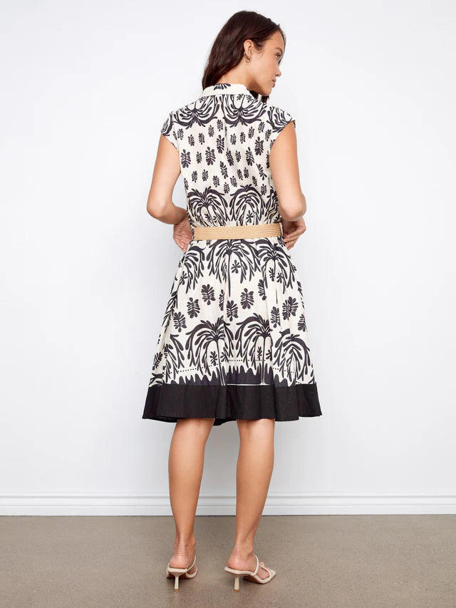 Printed Linen Cap Sleeve Dress with Straw Belt by Charlie B in Oasis