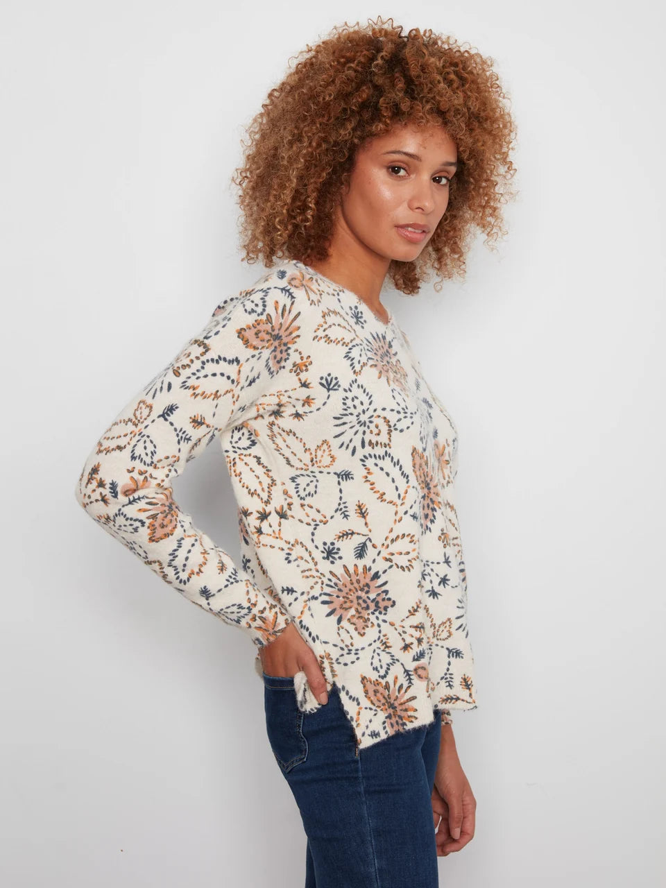 Long Sleeve Drop Shoulder V-Neck Sweater by Charlie B in Snowflake