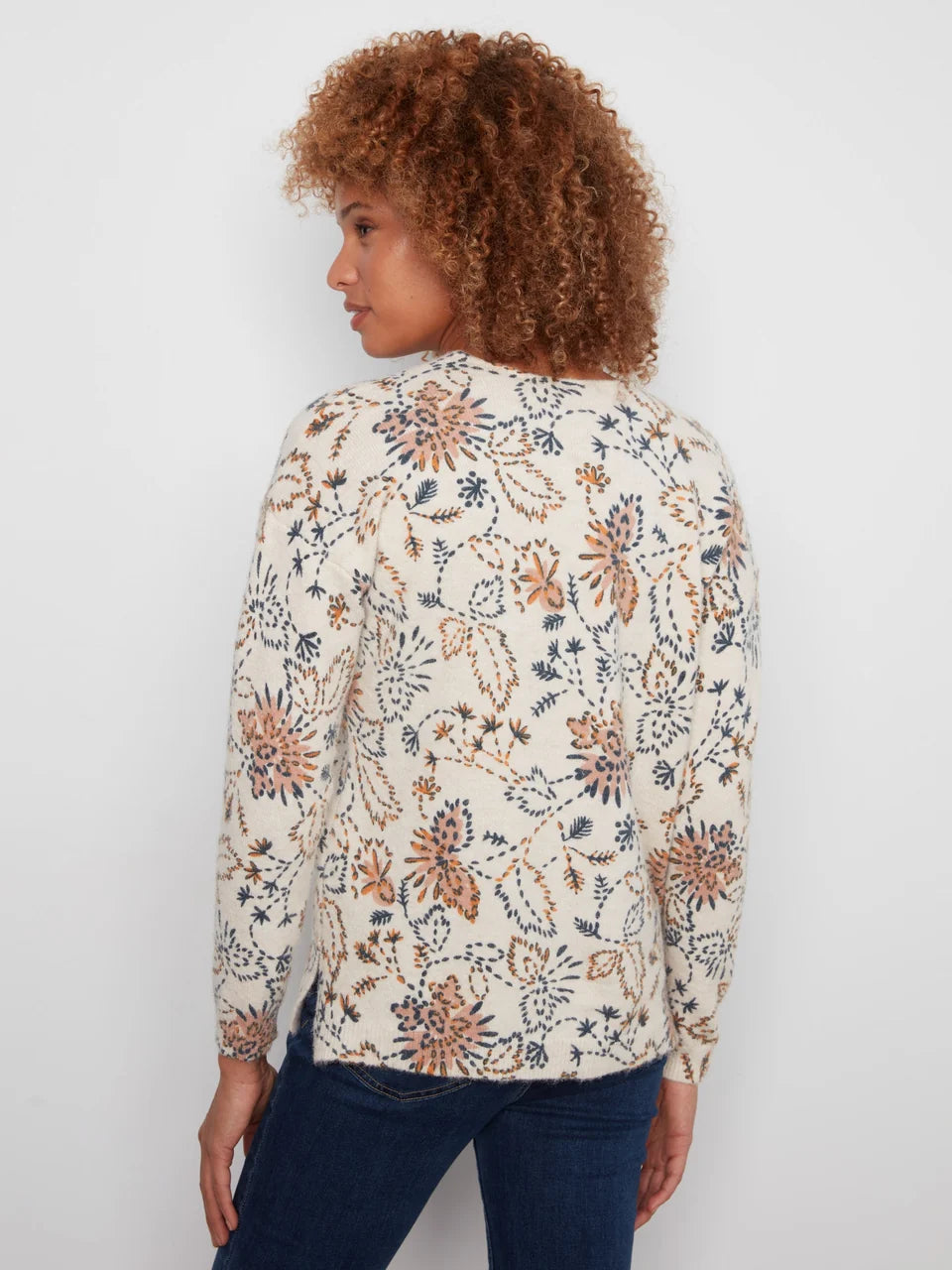Long Sleeve Drop Shoulder V-Neck Sweater by Charlie B in Snowflake