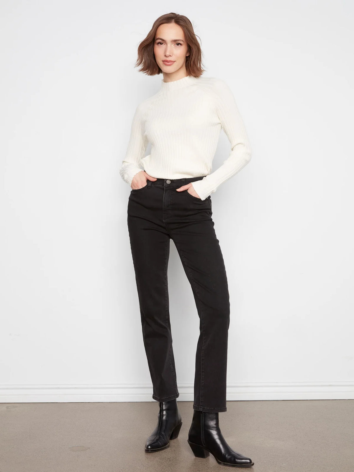 Straight Leg Stretch Denim Pants by Charlie B in Charcoal