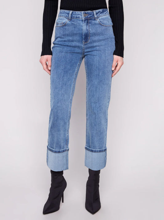 Wide Cuff Straight Leg Stretch Denim Pants by Charlie B in Medium Blue