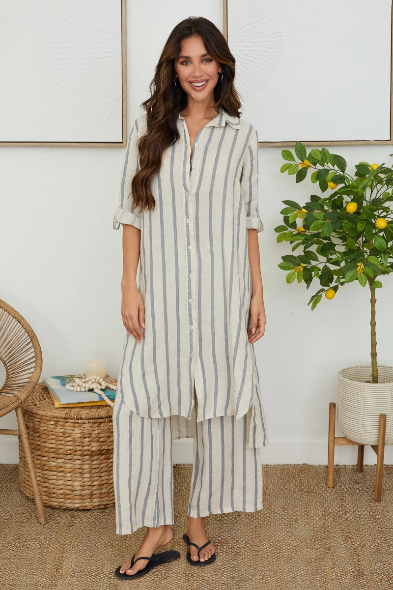 Stripe Wide Leg Linen Pant by Milio Milano in Beige/Blue
