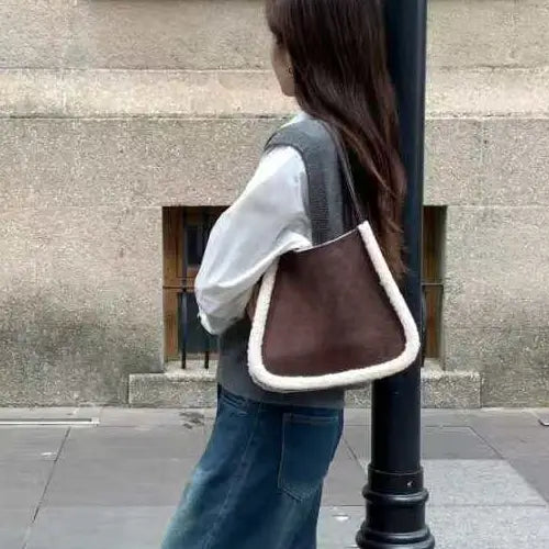 Suede-Like Microfiber Leather Sherpa Edge Bag by Pretty Persuasions in Chocolate