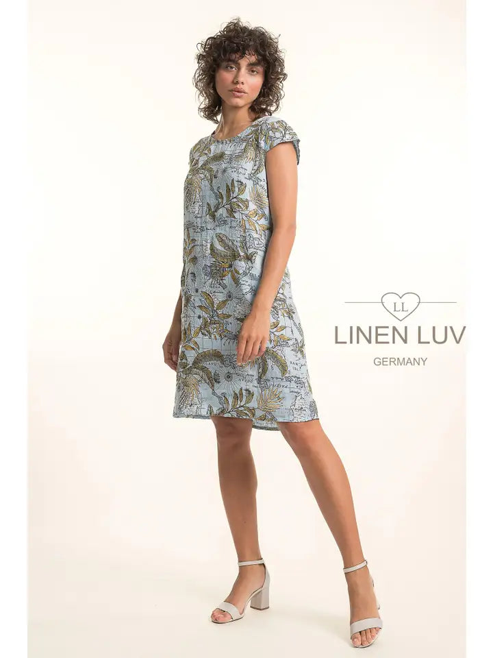 Map Print Dress by Linen Luv in Ciel