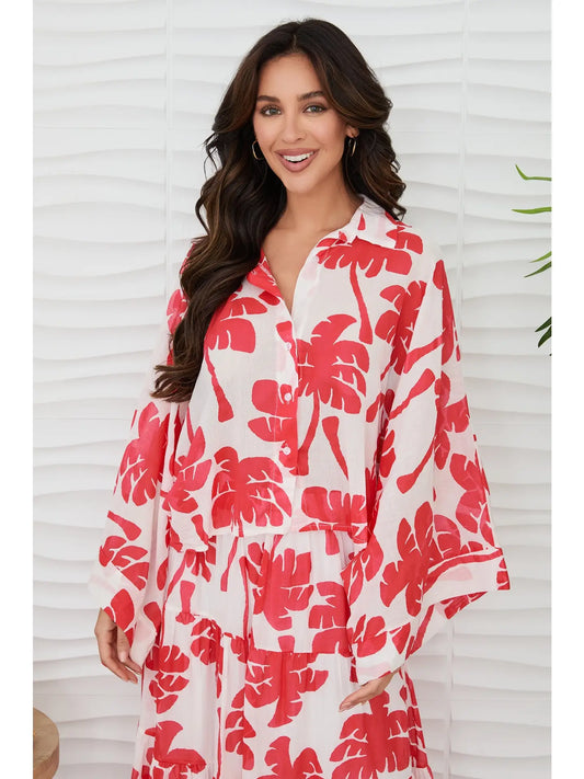 Palm Print Button Down Poncho Sleeve Cotton Top by Milio Milano in White/Red