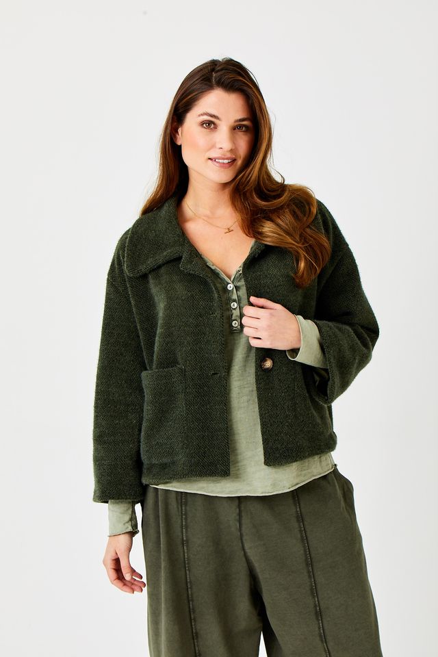 Noah Soft Fluffy Jacket w/Front Pockets by Suzy D London in Olive
