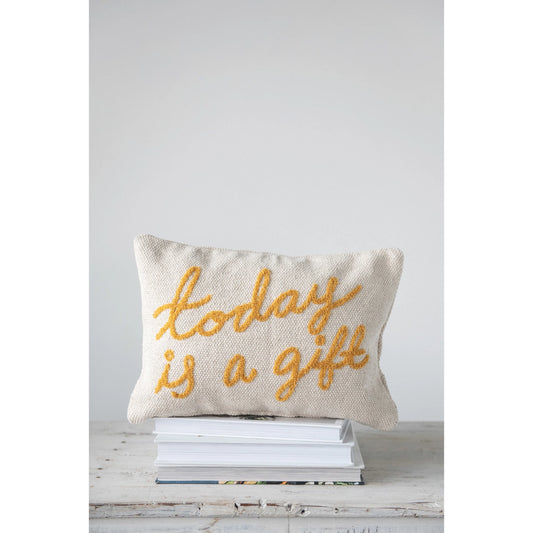 "Today Is A Gift" Embroidered Cotton Lumbar Pillow by Creative Co-Op