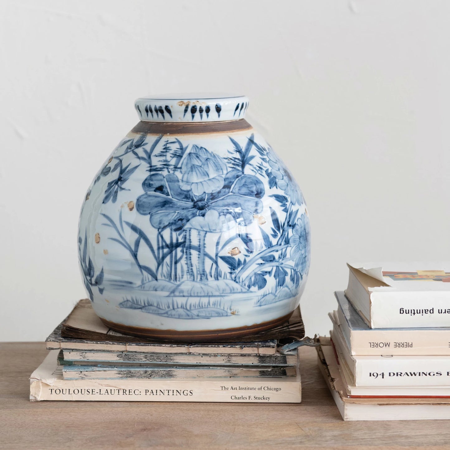 Stoneware Ginger Jar Blue/White by Creative Co-Op