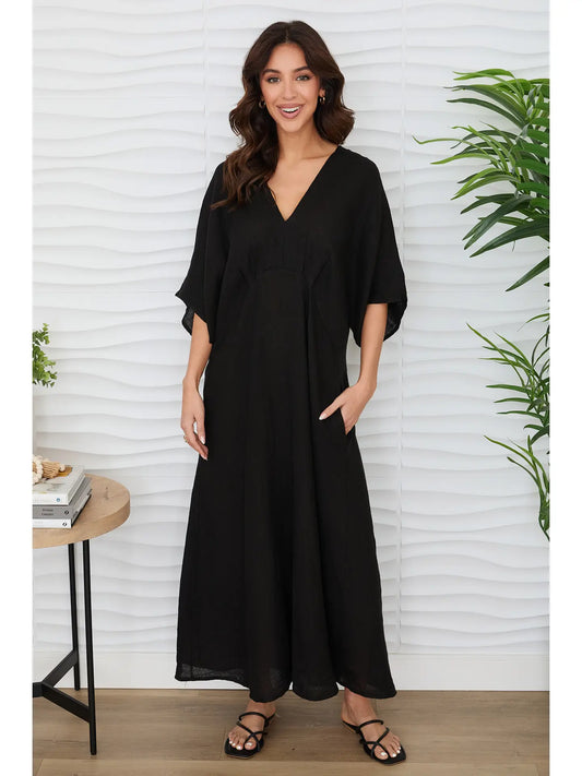 Solid Linen V-Neck Dolman Maxi Dress by Milio Milano in Black