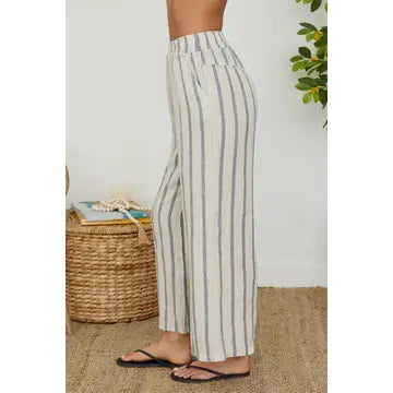 Stripe Wide Leg Linen Pant by Milio Milano in Beige/Blue