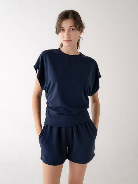 Side Ruching Short Sleeve Top by elle grey in Slate Navy