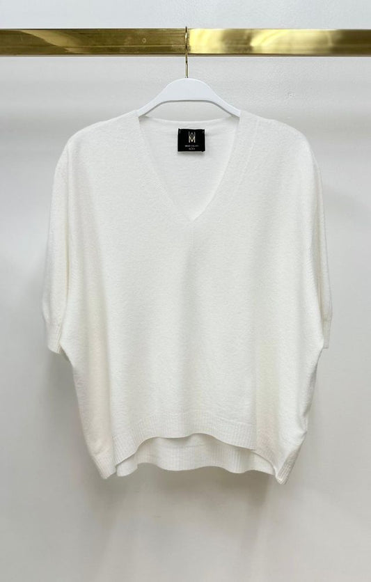 Italian V-Neck Light Sweater Knit Top by Milio Milano in Winter White