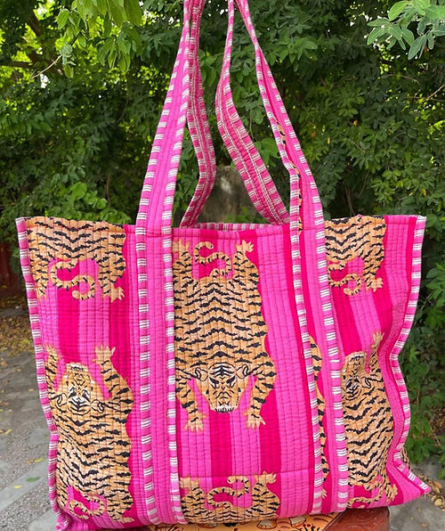 Cotton Quilted Tote Bag by Ayras World in Pink Tiger