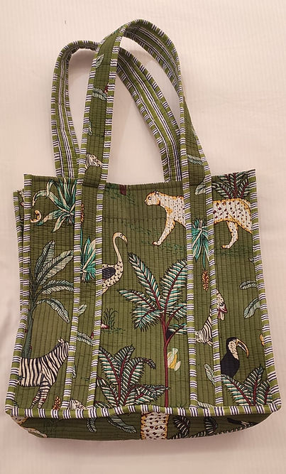 Cotton Quilted Tote Bag by Ayras World in Green Safari