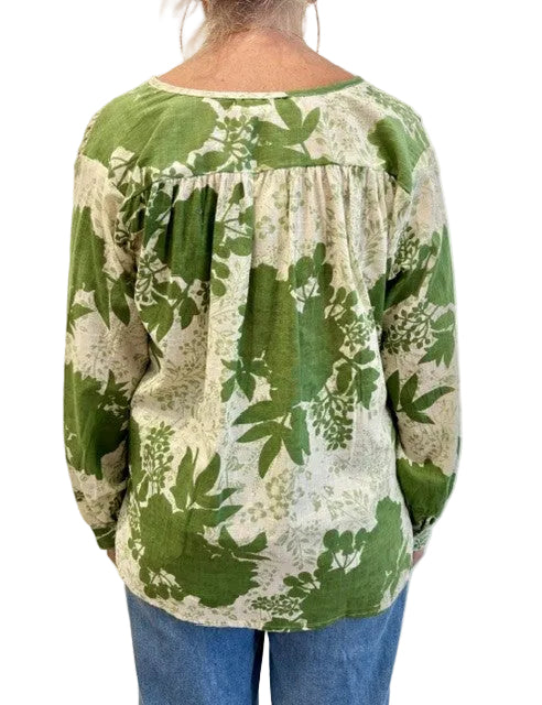 Cotton Blouse by Dolma in White and Green