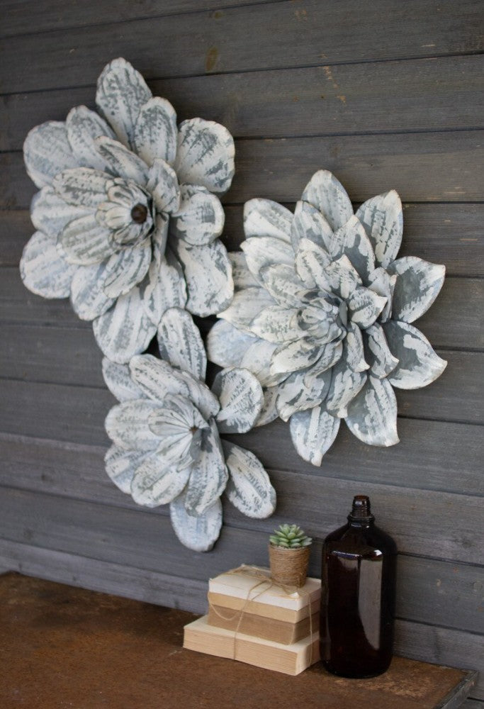 Set of Three White-Washed Wall Flowers by Kalalou