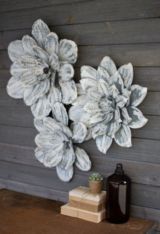 Set of Three White-Washed Wall Flowers by Kalalou