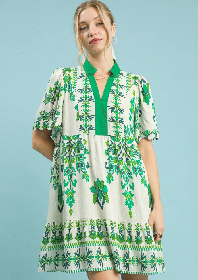 Tropical Damask Tiered Mini Dress by Umgee in Green Mix