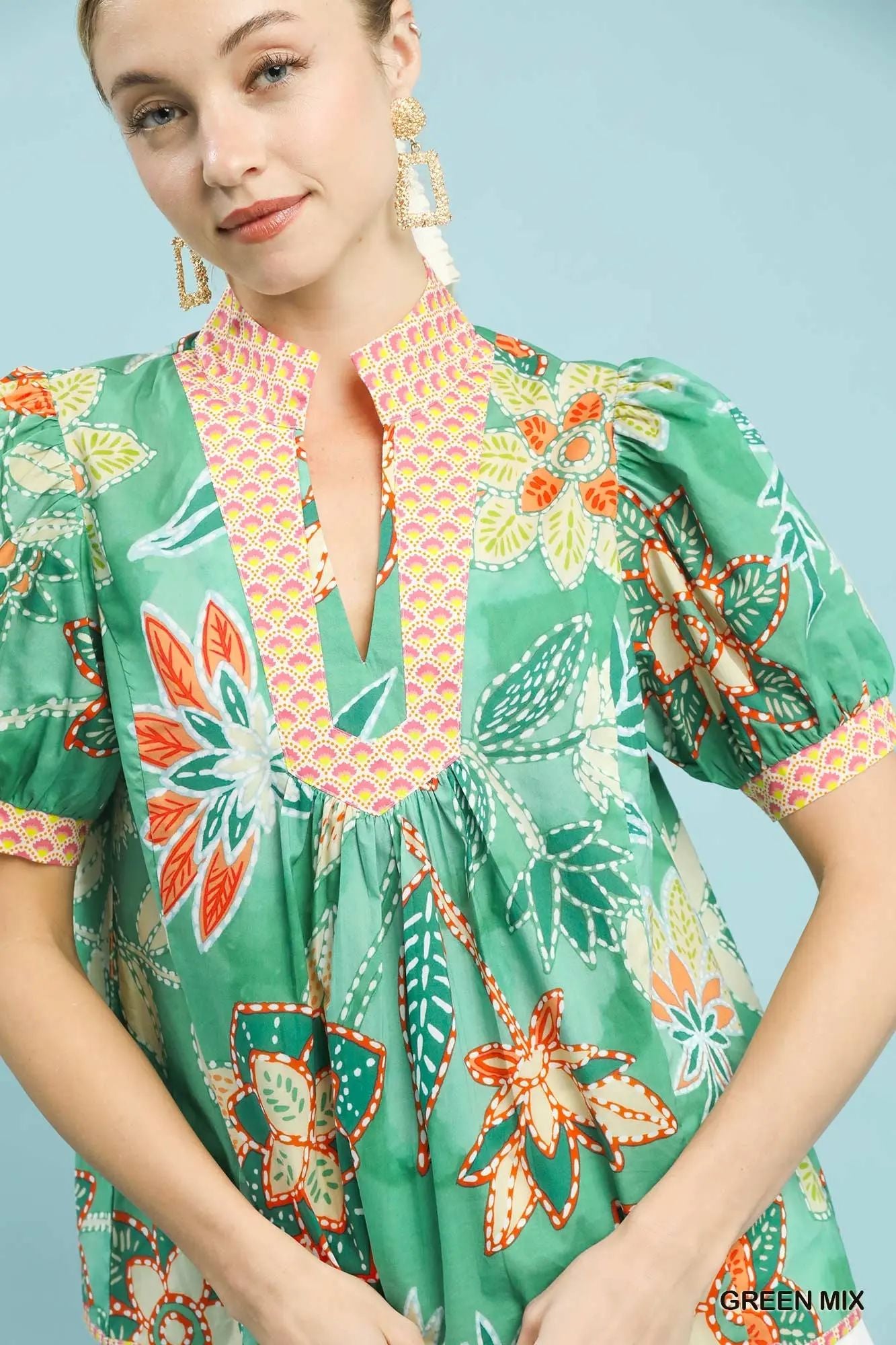 Abstract V-Neck Top by Umgee in Green Mix