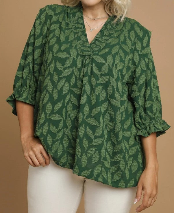 Floral Jacquard Fabric V Neck Top by Umgee in Hunter Green