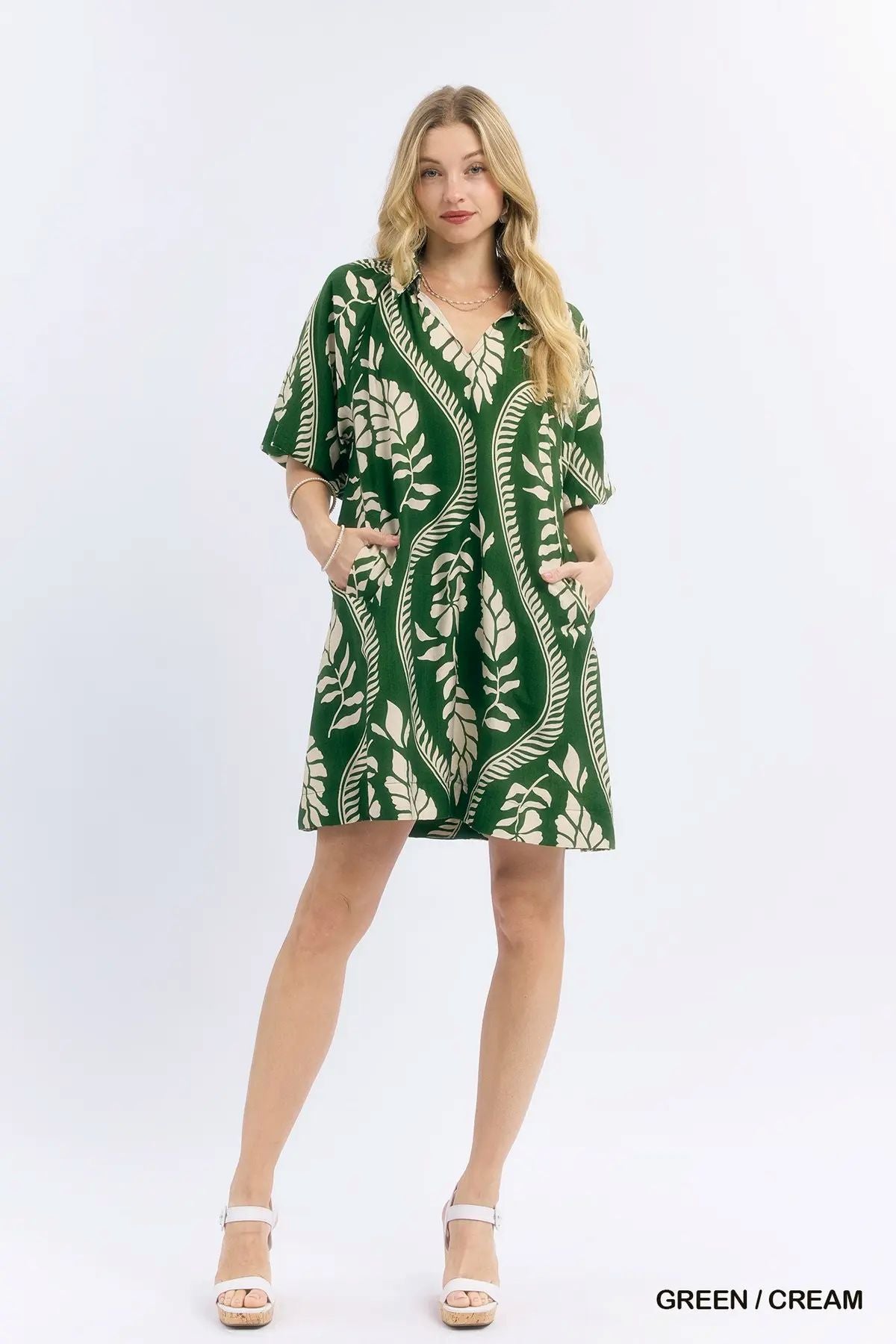 Short Bubble Sleeve Dress by Umgee in Green/Cream Leafy Print