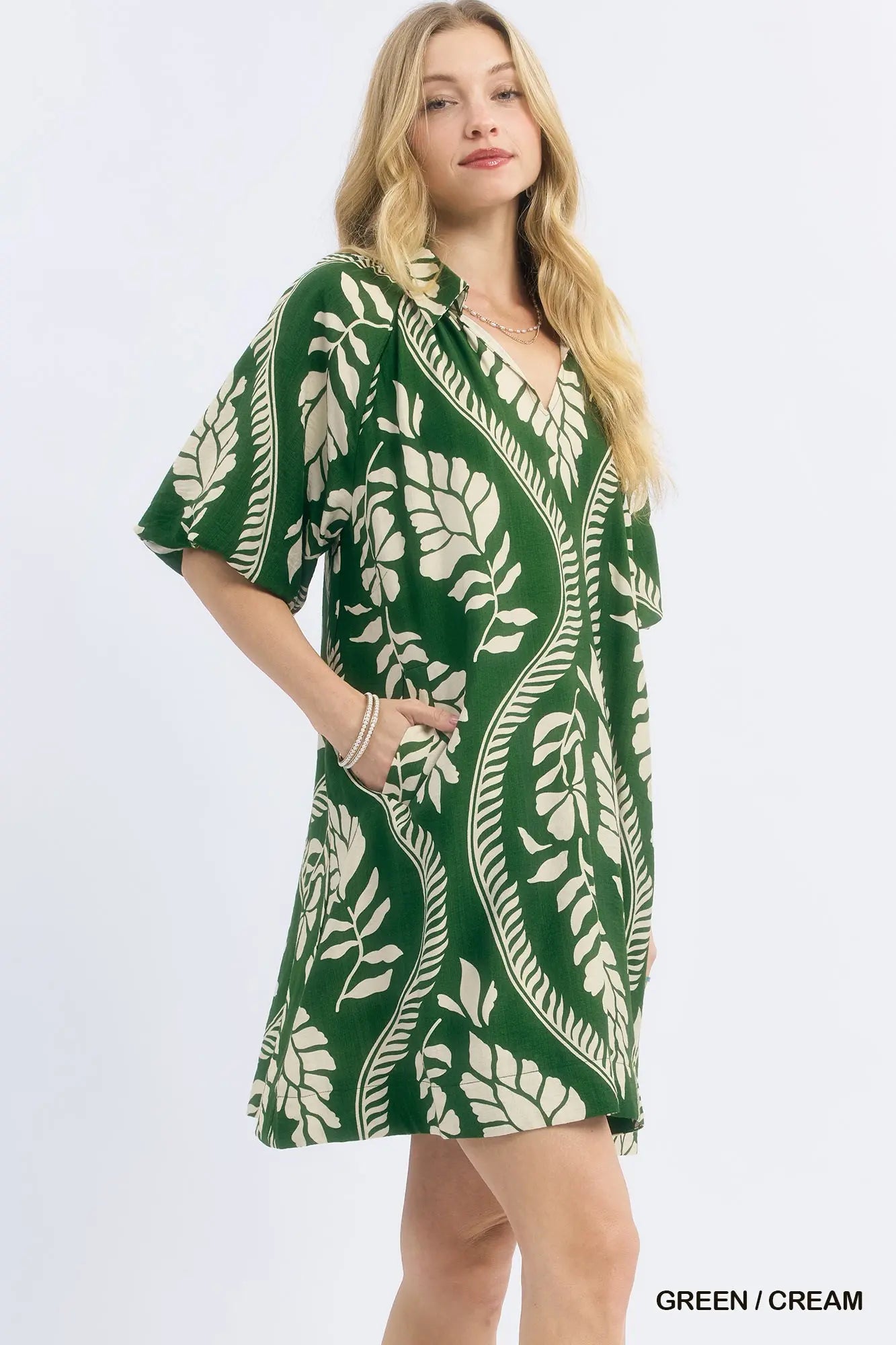 Short Bubble Sleeve Dress by Umgee in Green/Cream Leafy Print