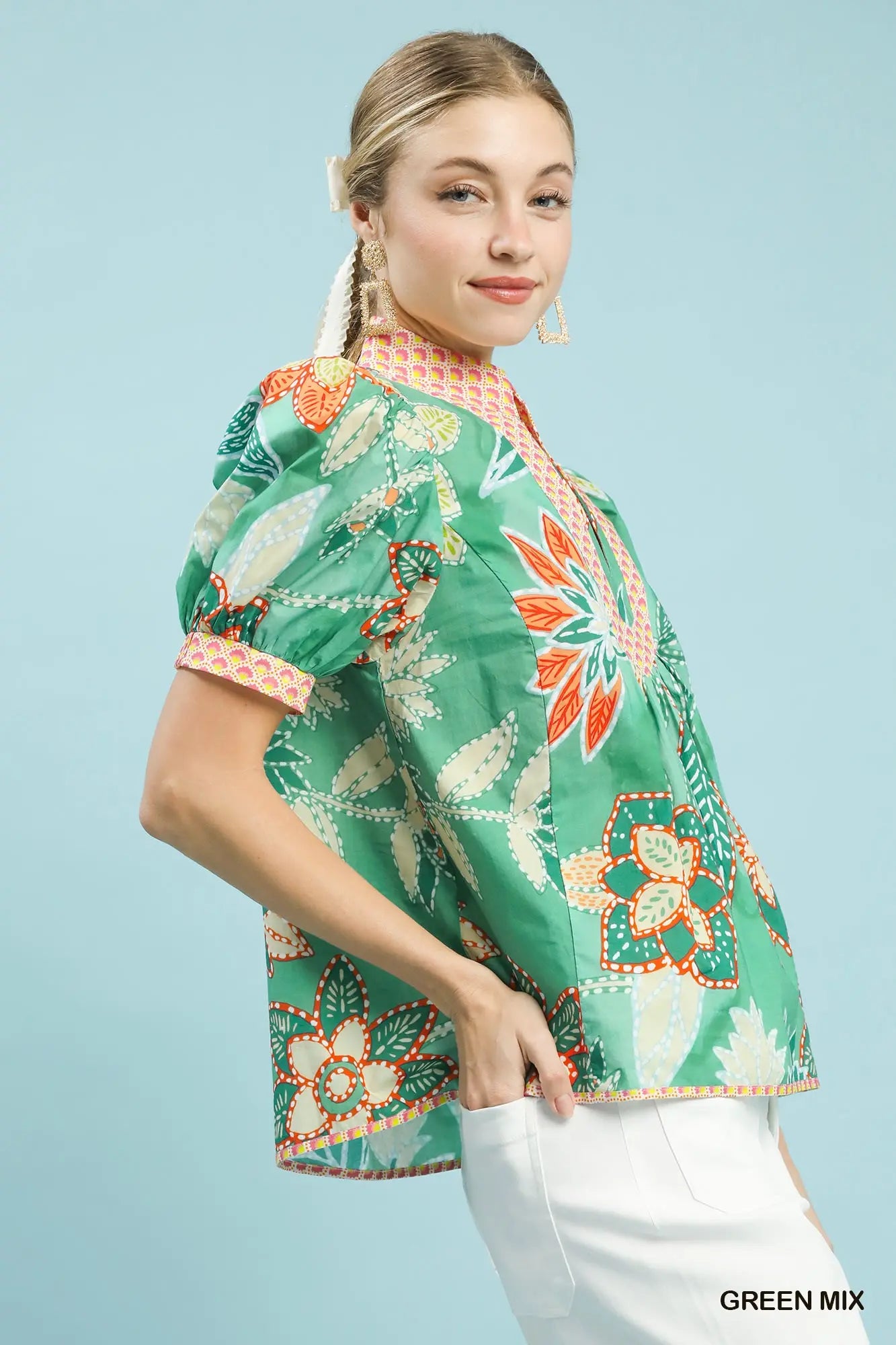 Abstract V-Neck Top by Umgee in Green Mix