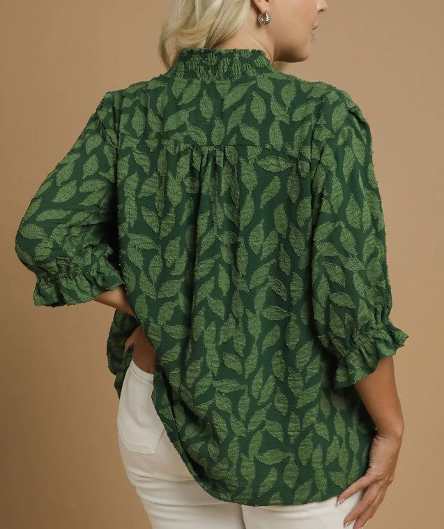 Floral Jacquard Fabric V Neck Top by Umgee in Hunter Green