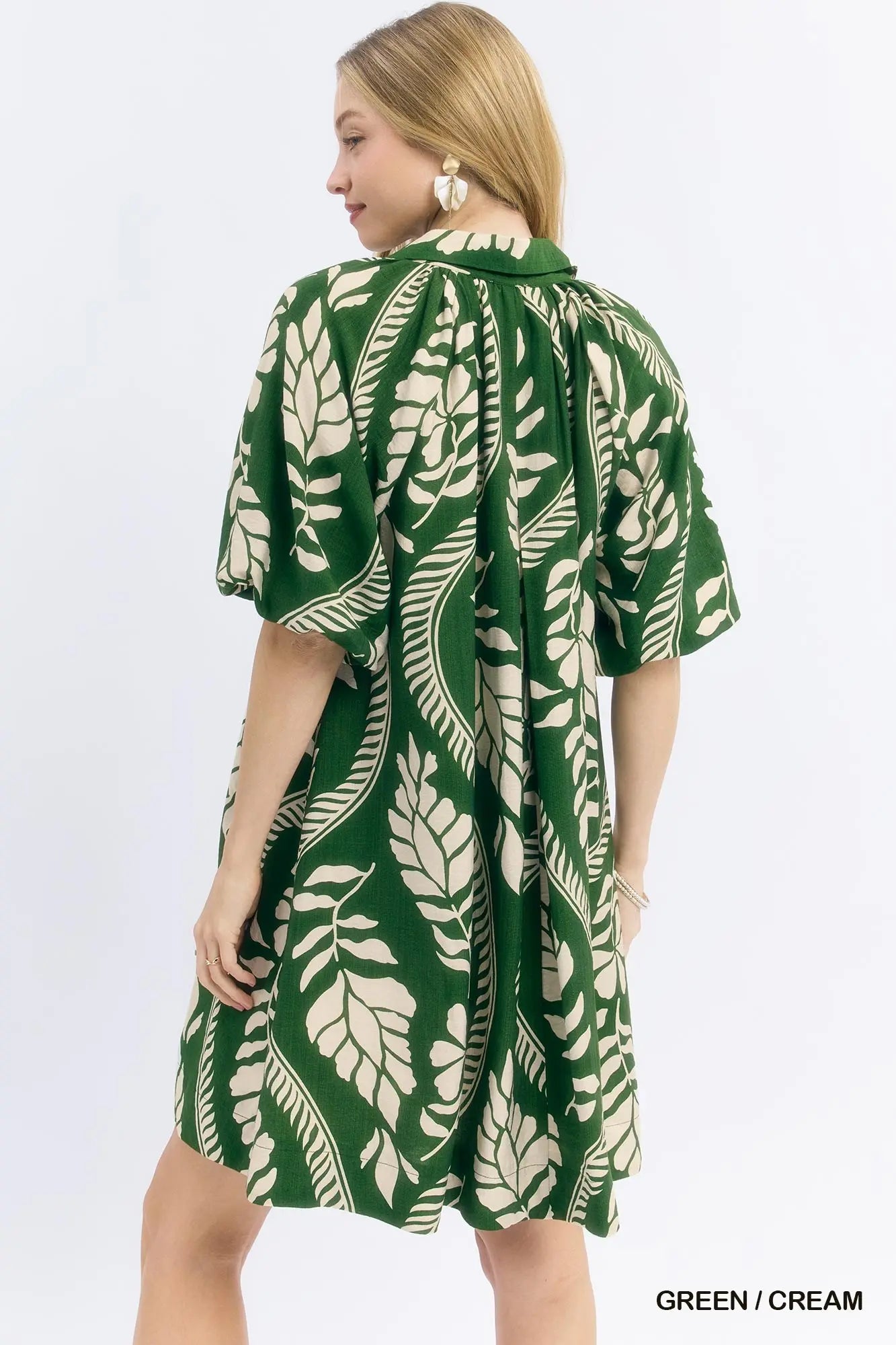 Short Bubble Sleeve Dress by Umgee in Green/Cream Leafy Print