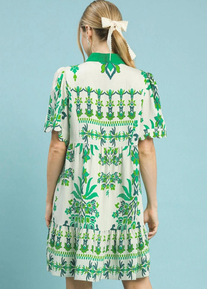 Tropical Damask Tiered Mini Dress by Umgee in Green Mix