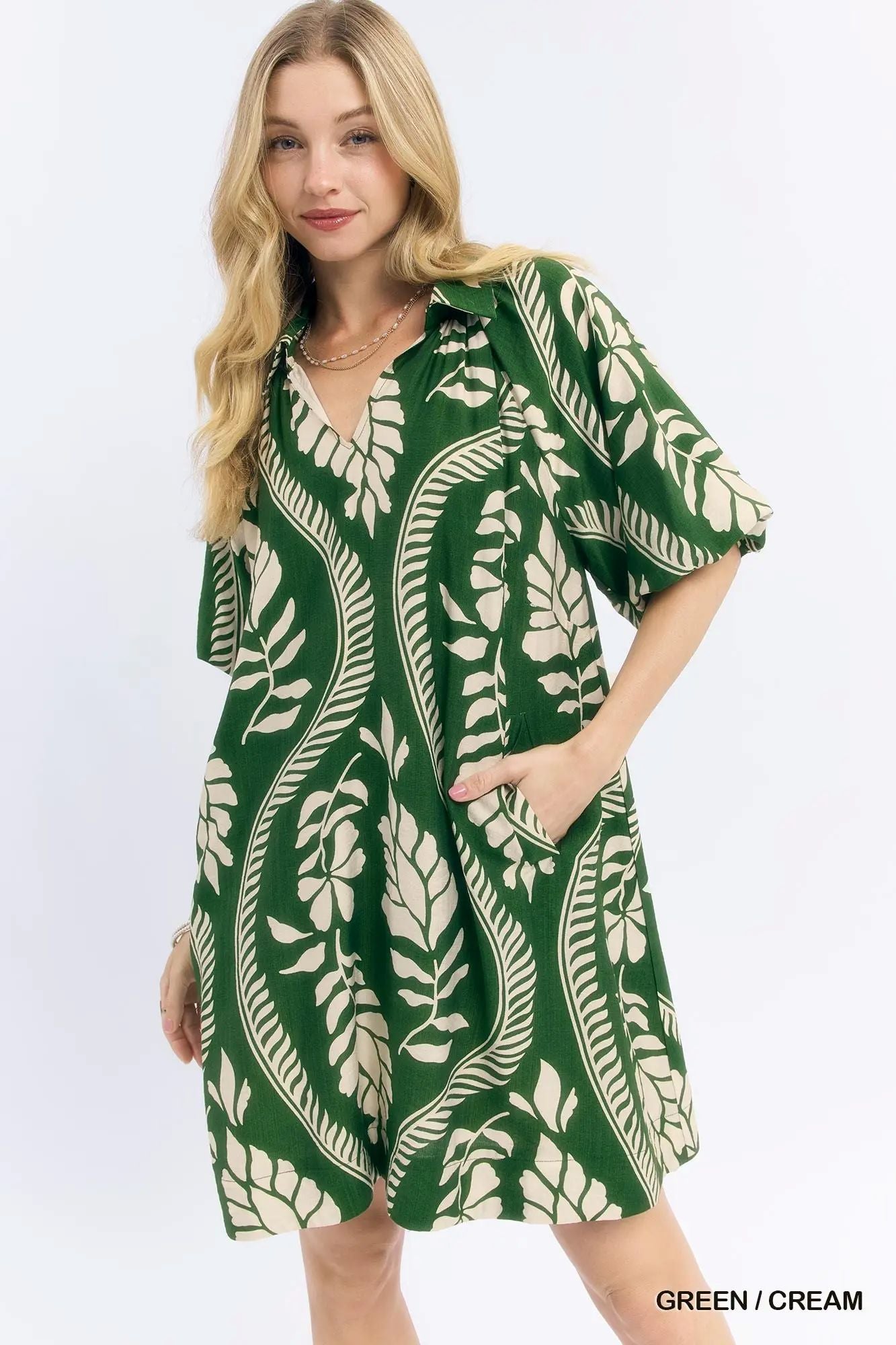 Short Bubble Sleeve Dress by Umgee in Green/Cream Leafy Print