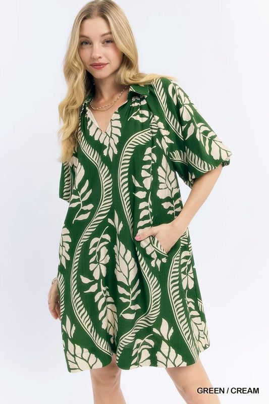 Short Bubble Sleeve Dress by Umgee in Green/Cream Leafy Print