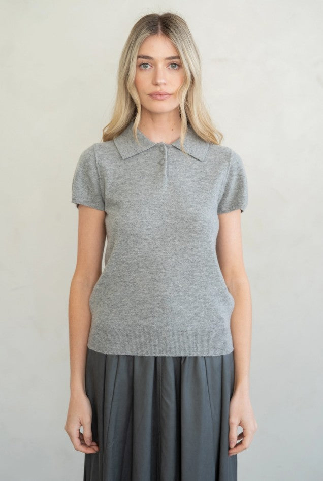 Refined Cap Sleeve Polo Sweater Top by elle grey in Grey